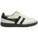 Side view of a white Gola sneaker with black stripes and a dark sole.
