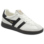 Angled view of a white Gola sneaker with black stripes and a dark sole.