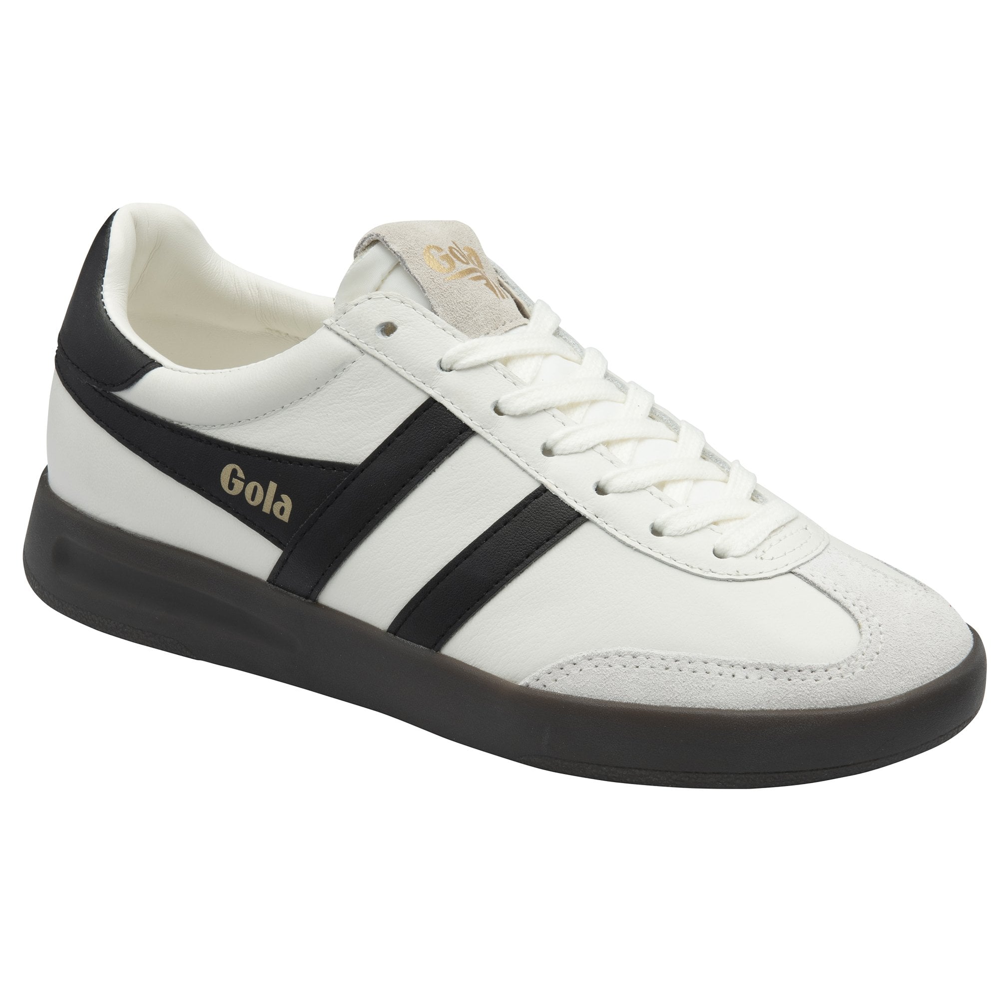 Angled view of a white Gola sneaker with black stripes and a dark sole.