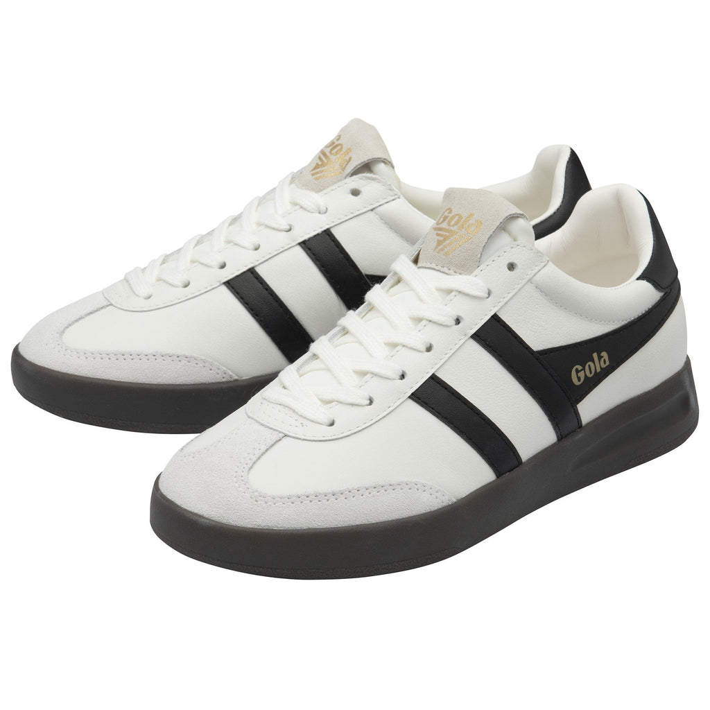 Pair of white Gola sneakers with black stripes and dark soles.