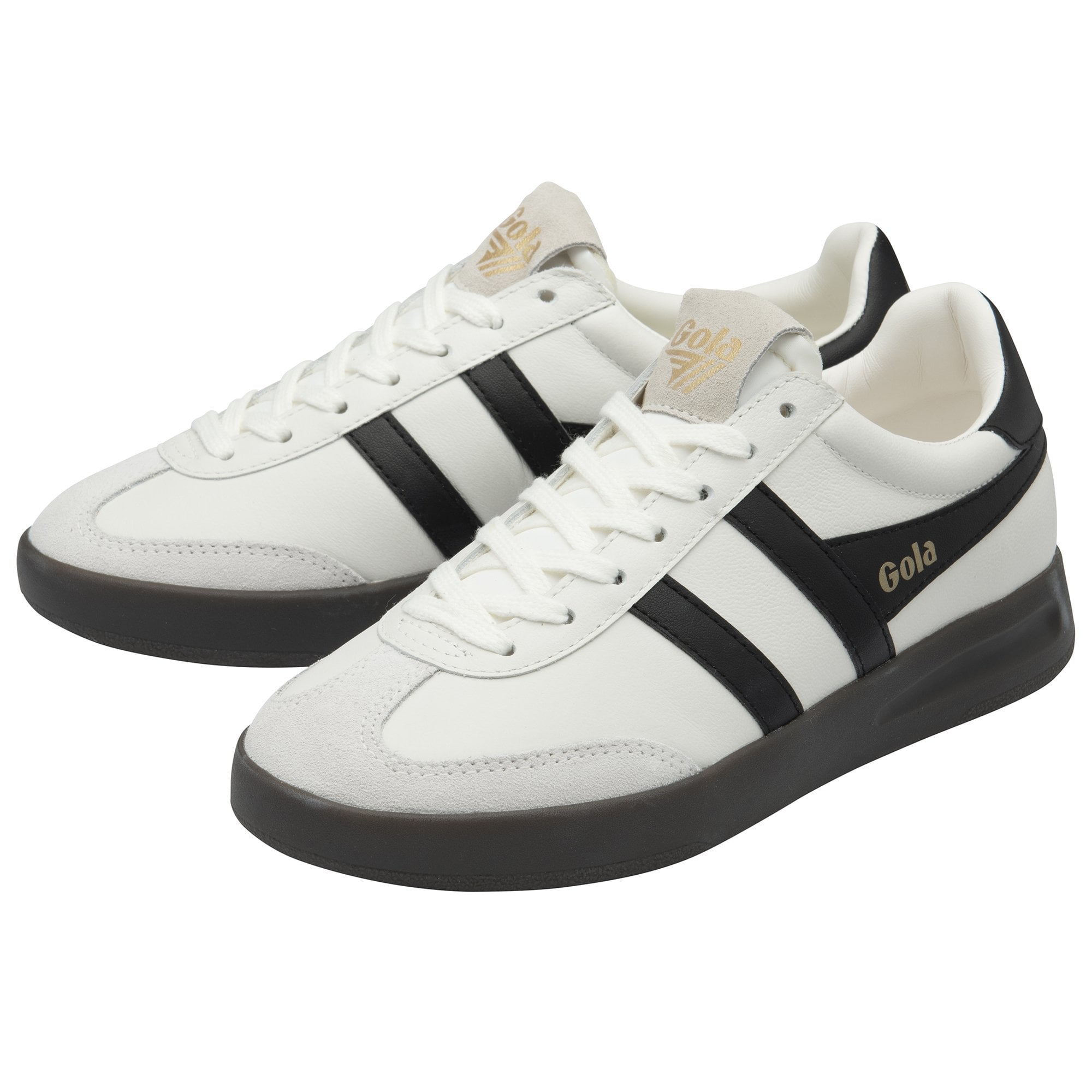 Pair of white Gola sneakers with black stripes and dark soles.