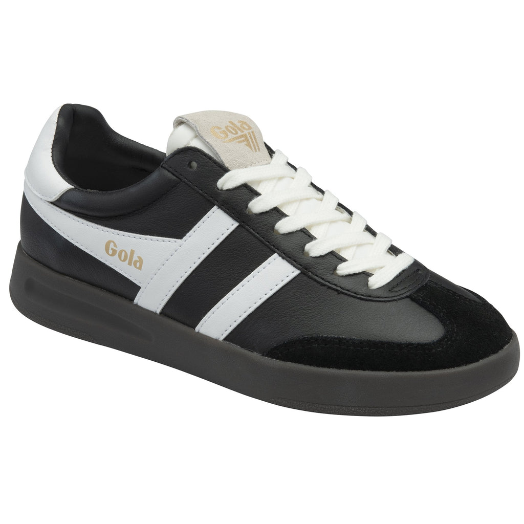 A black and white Gola trainer with cream laces, angled slightly to the left on a white background.