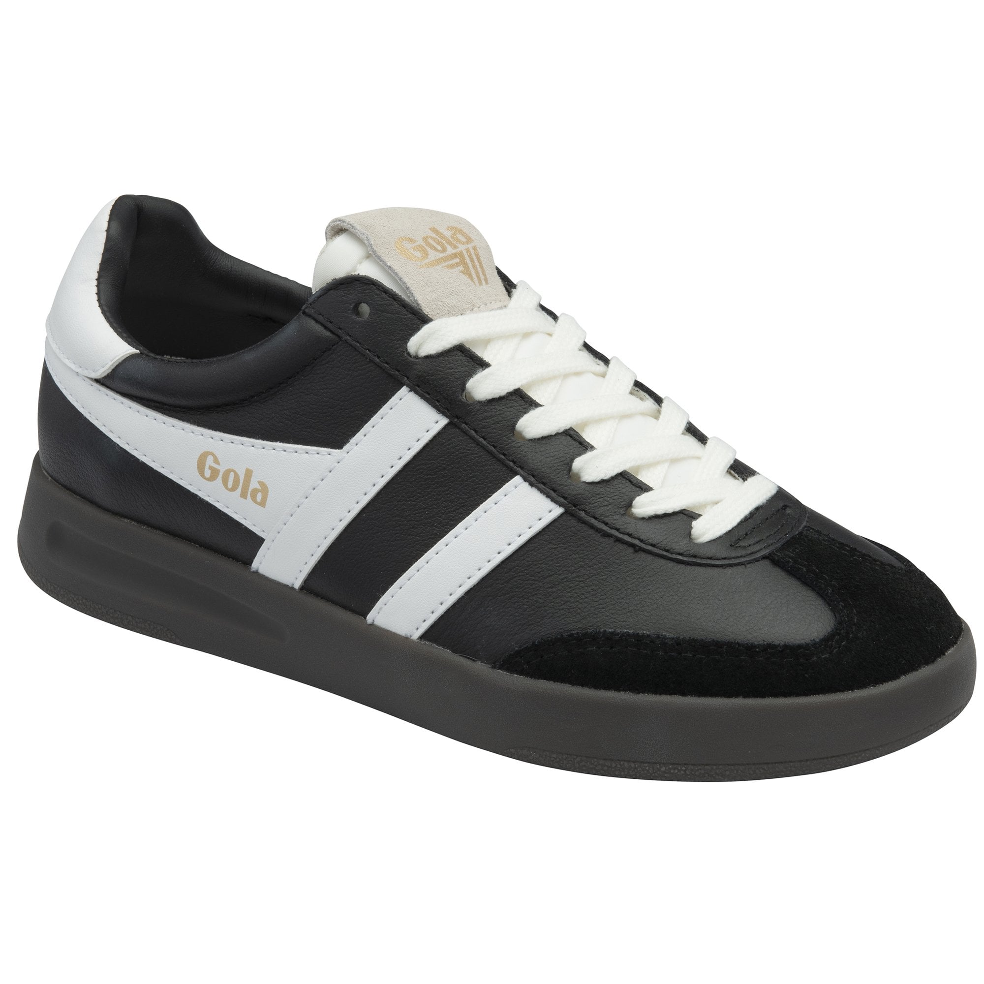 A black and white Gola trainer with cream laces, angled slightly to the left on a white background.