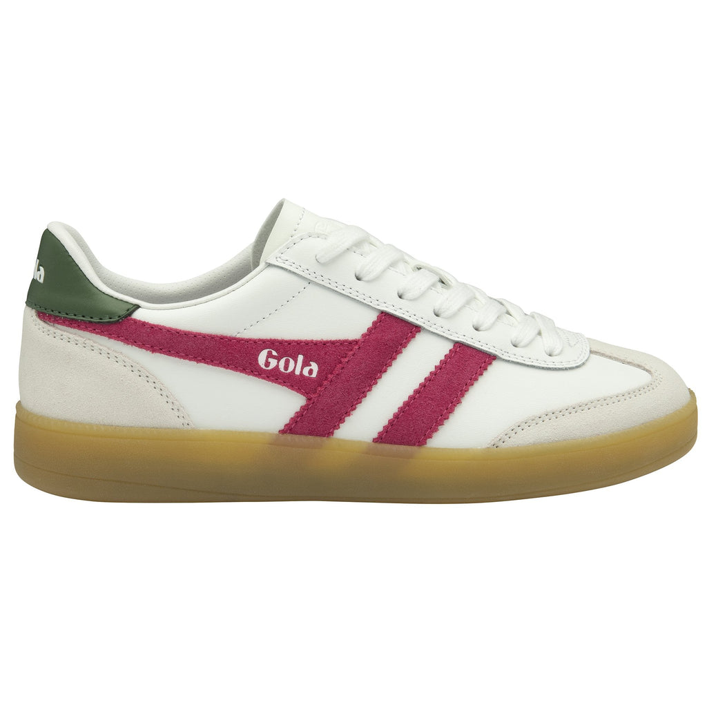 A white Gola sneaker with a red stripe and green heel tab, viewed from the side.
