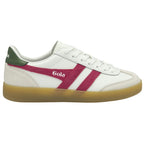 A white Gola sneaker with a red stripe and green heel tab, viewed from the side.