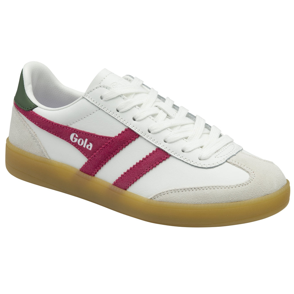 A white Gola sneaker with a red stripe and green heel tab, angled to the front.