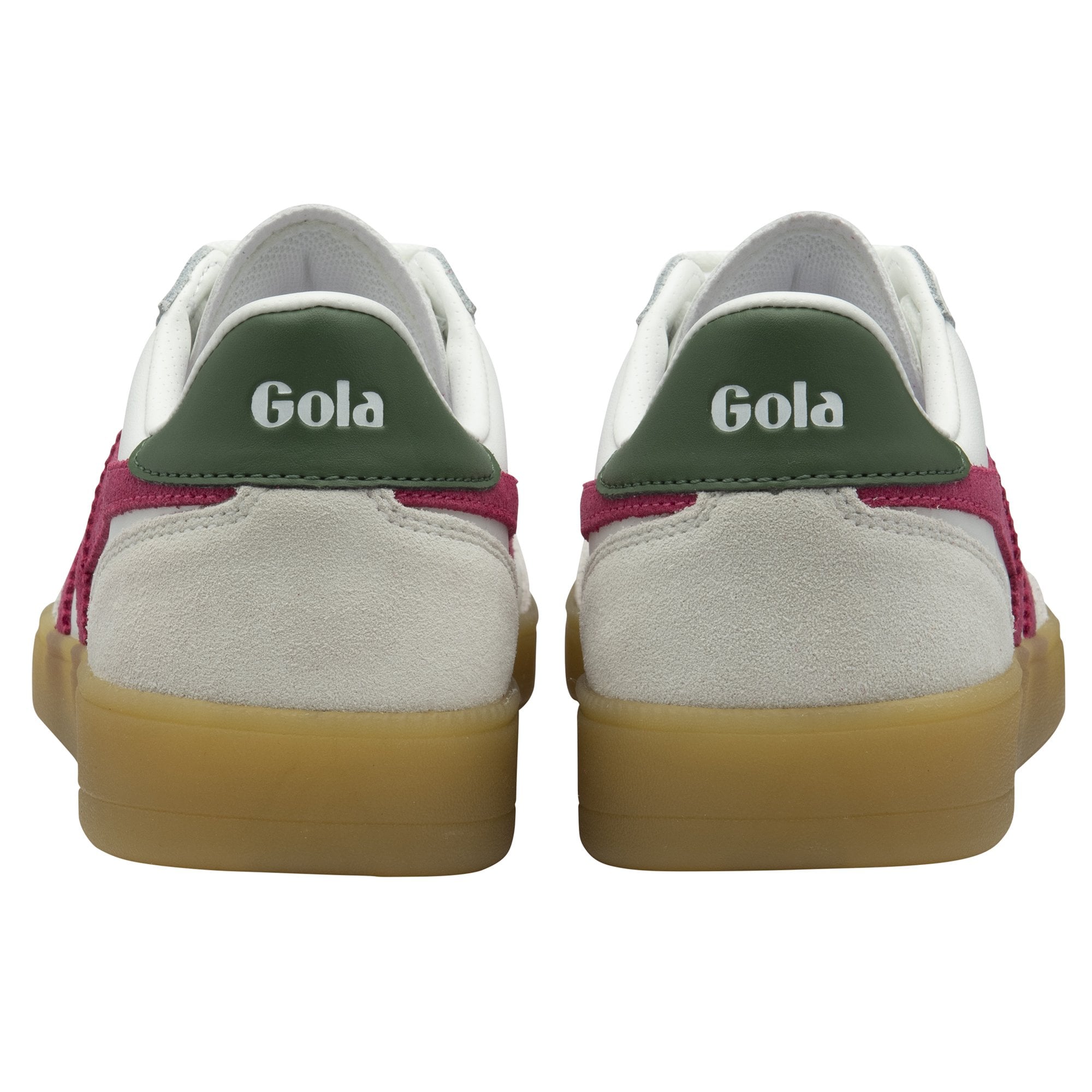The back view of a pair of white Gola sneakers with green heel tabs.