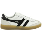 Side view of a white Gola sneaker with black stripes and a gum sole.