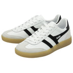Pair of white Gola sneakers with black stripes and gum soles, angled side view.