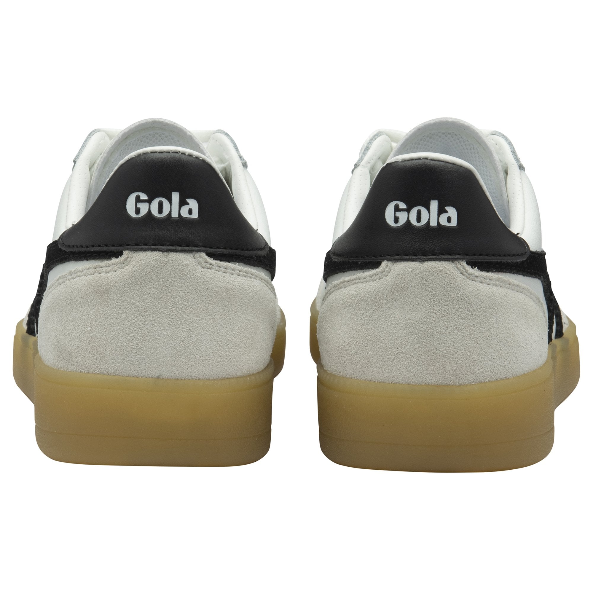 Rear view of two white Gola sneakers with black heels and gum soles.