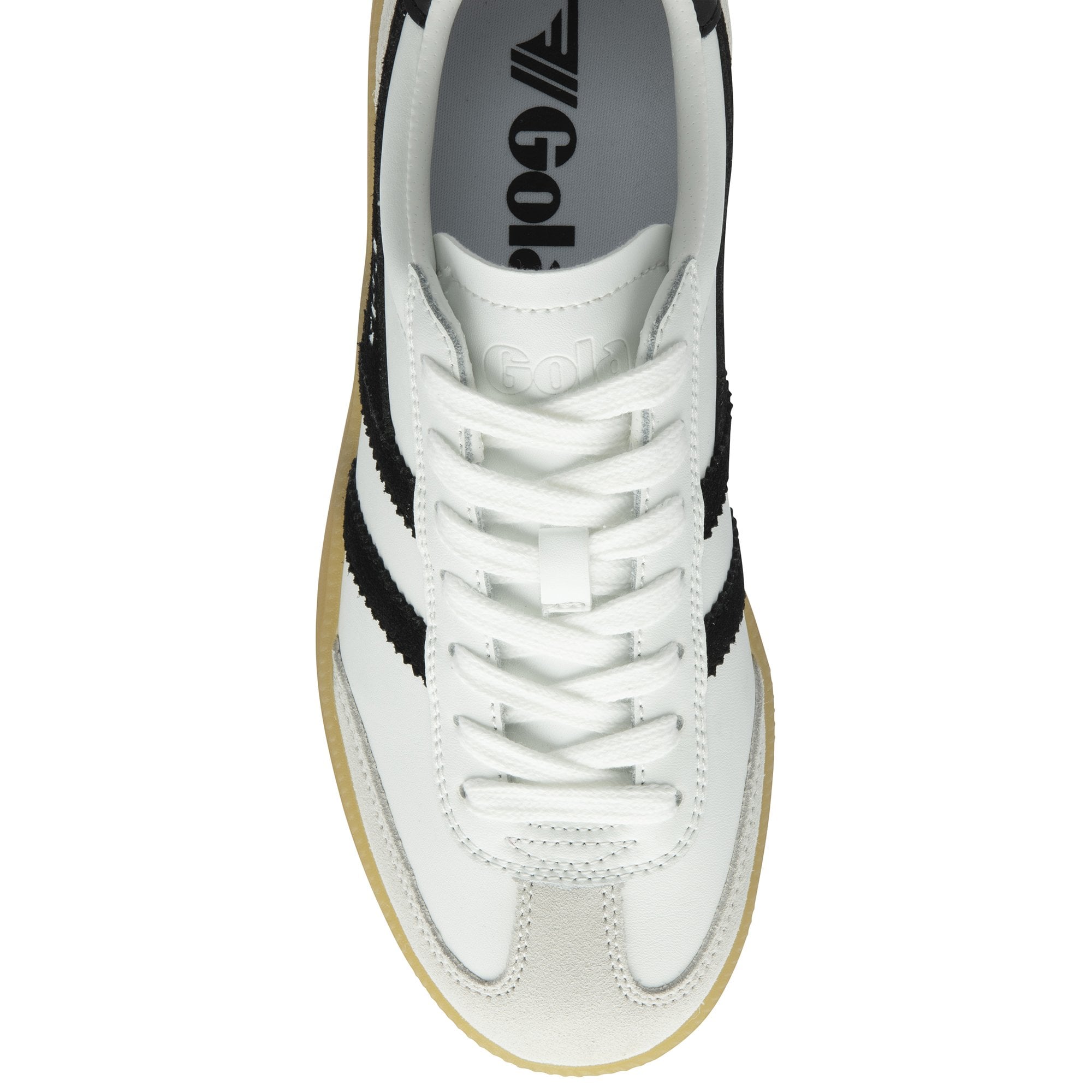 Top down view of a white Gola sneaker with black stripes and white laces.