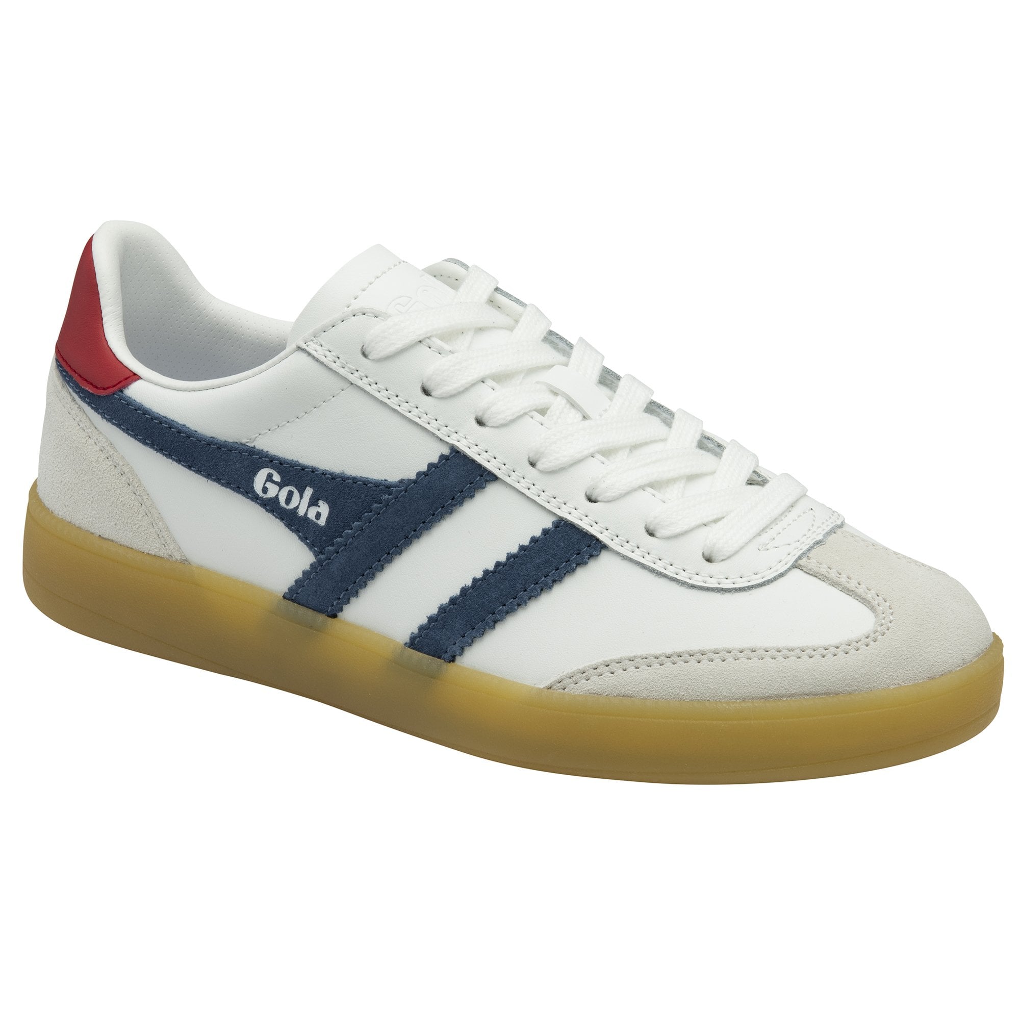 Angled view of a white Gola sneaker with navy stripes and a red heel accent.