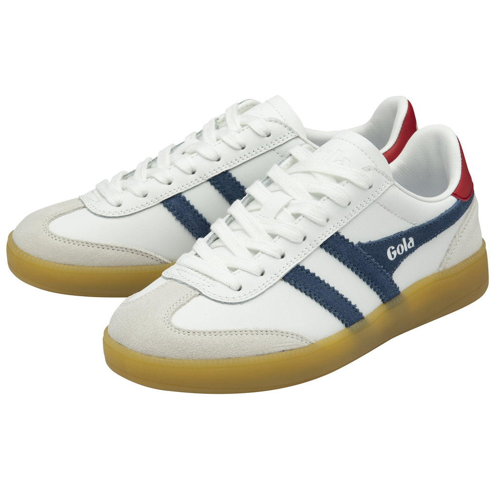 Pair of white Gola sneakers with navy stripes and red heel accents.