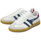 Pair of white Gola sneakers with navy stripes and red heel accents.
