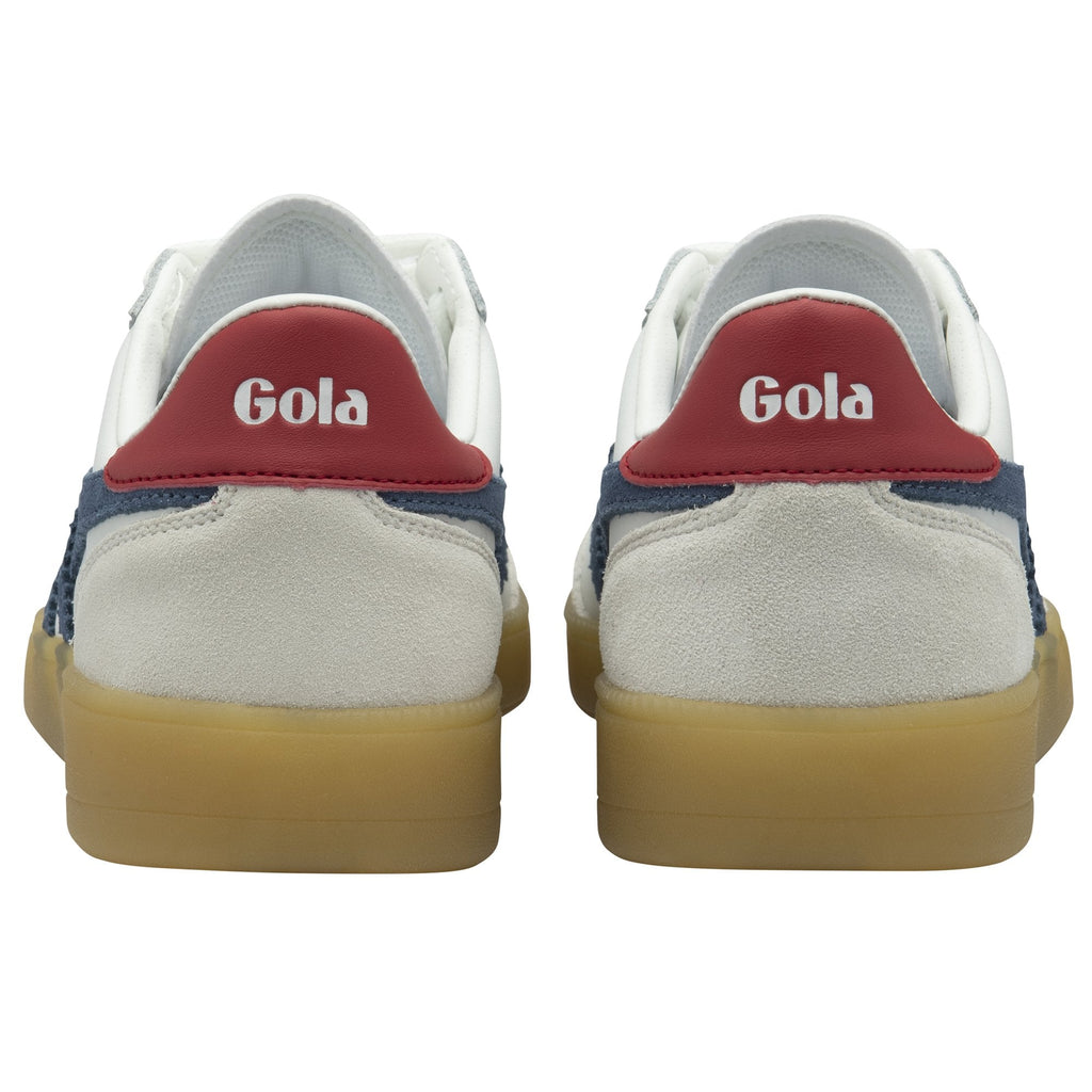 Rear view of two white Gola sneakers, showing red heel accents with Gola logo.