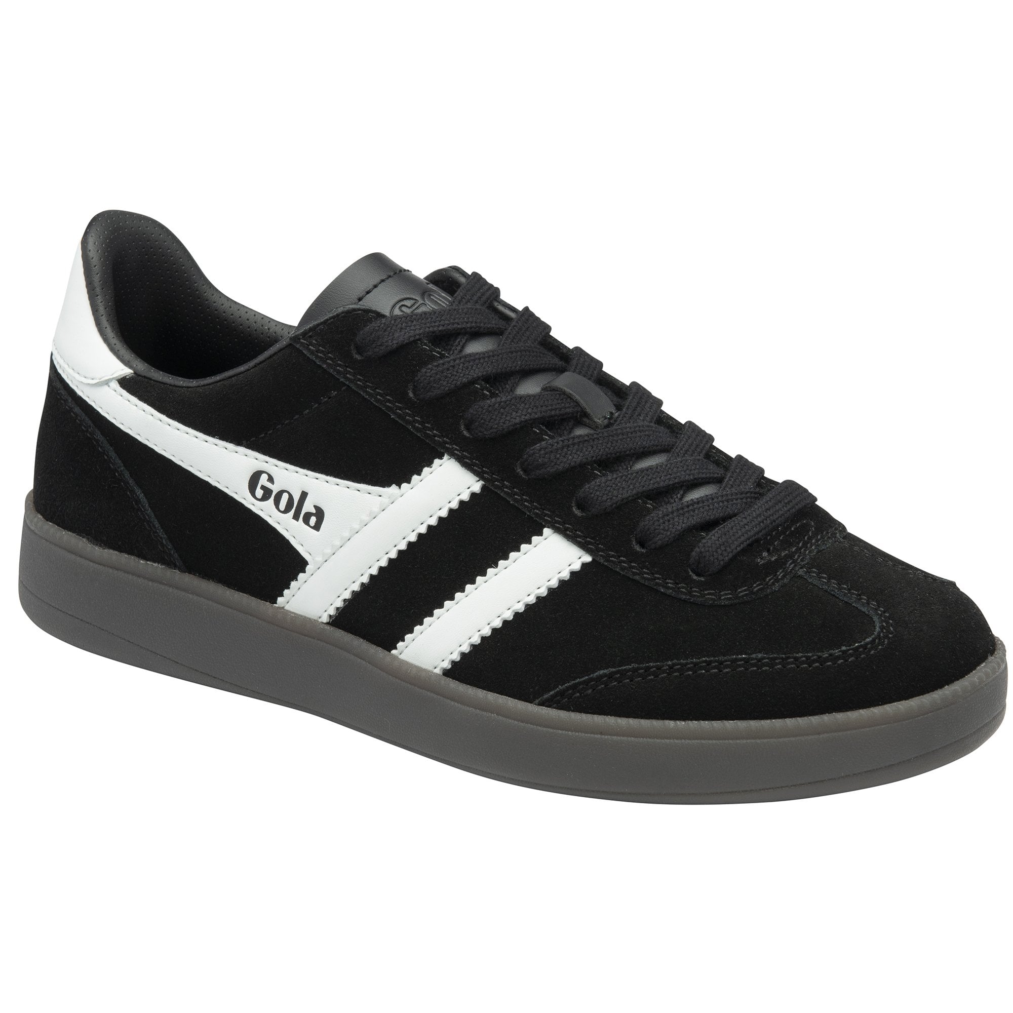 A right black Gola sneaker with white stripes, white logo, black laces, and dark gray sole.