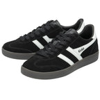 A pair of black Gola sneakers with white stripes, white logo, black laces, and dark gray soles.