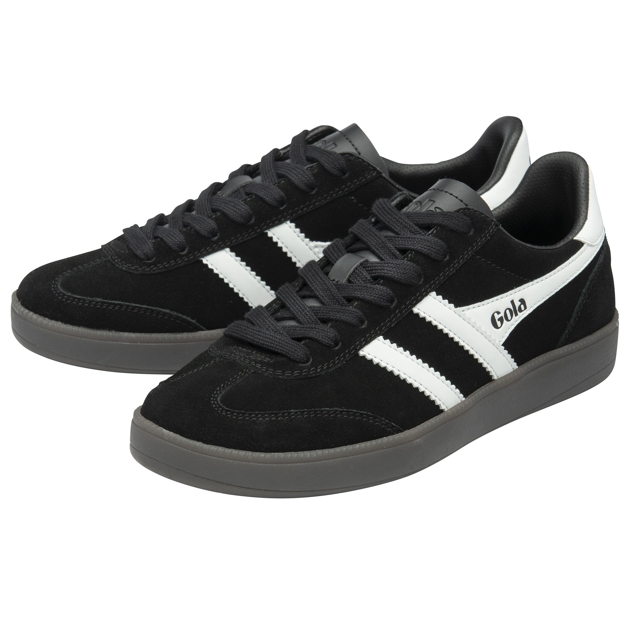 A pair of black Gola sneakers with white stripes, white logo, black laces, and dark gray soles.