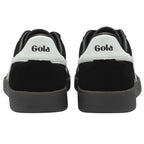 The back view of a pair of black Gola sneakers with white heel accents and a dark gray sole.