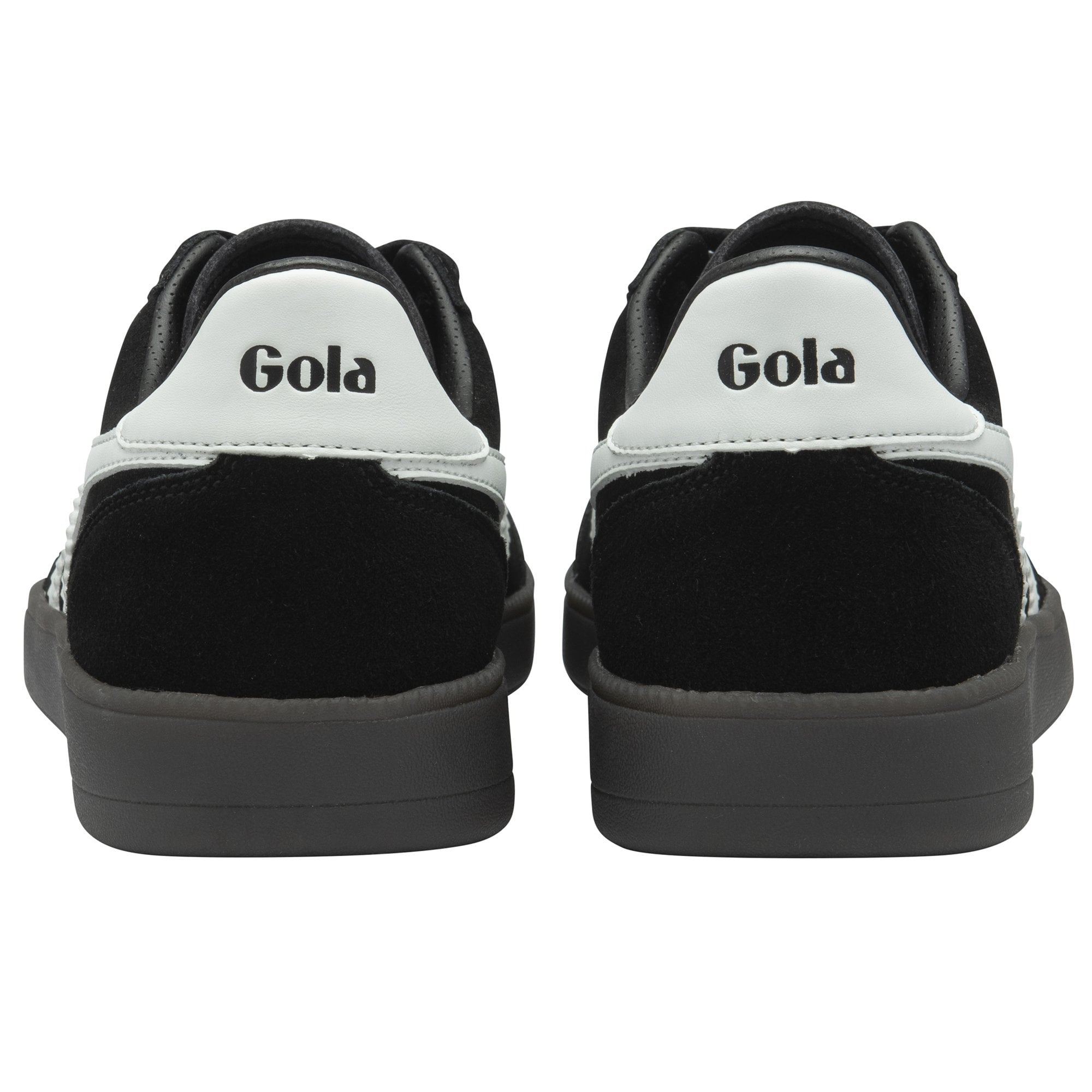 The back view of a pair of black Gola sneakers with white heel accents and a dark gray sole.