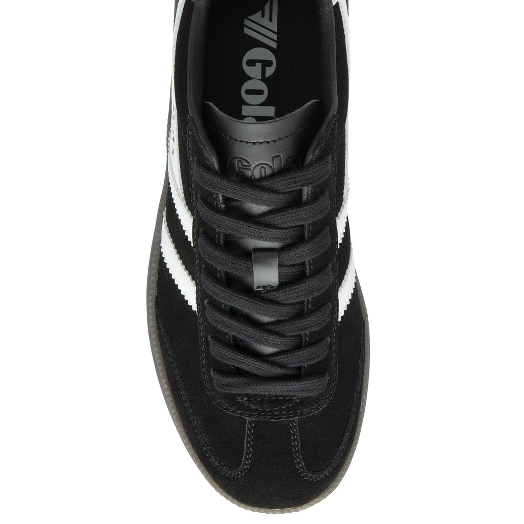 The top view of a black Gola sneaker with white stripes, black laces, and a white heel logo.