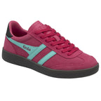 Angled view of a Gola Elan trainer in raspberry and horizon blue with black heel tab and sole.