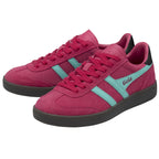 Pair of Gola Elan trainers in raspberry and horizon blue with black heel tabs and soles.