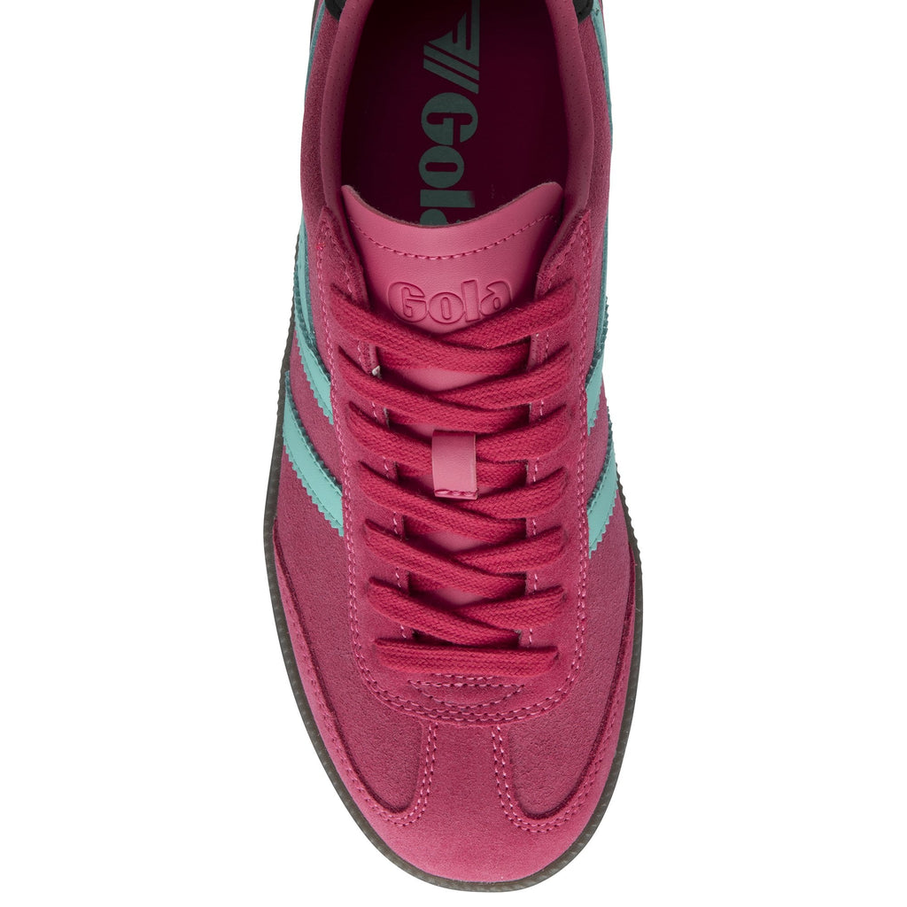 Top down view of a Gola Elan trainer in raspberry and horizon blue with black sole.