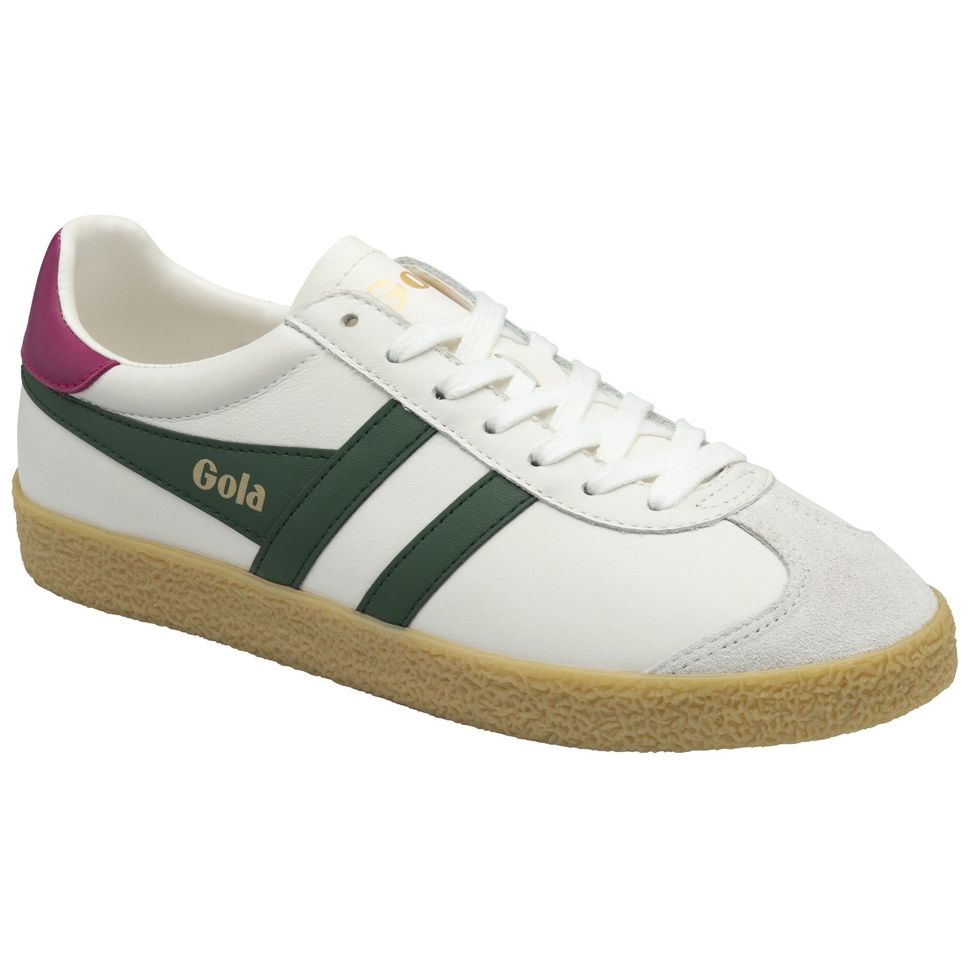 A white Gola sneaker with green stripes, burgundy heel tab, and gum sole from the left side.