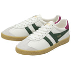 A pair of white Gola sneakers with green stripes, burgundy heel tabs, and gum soles.