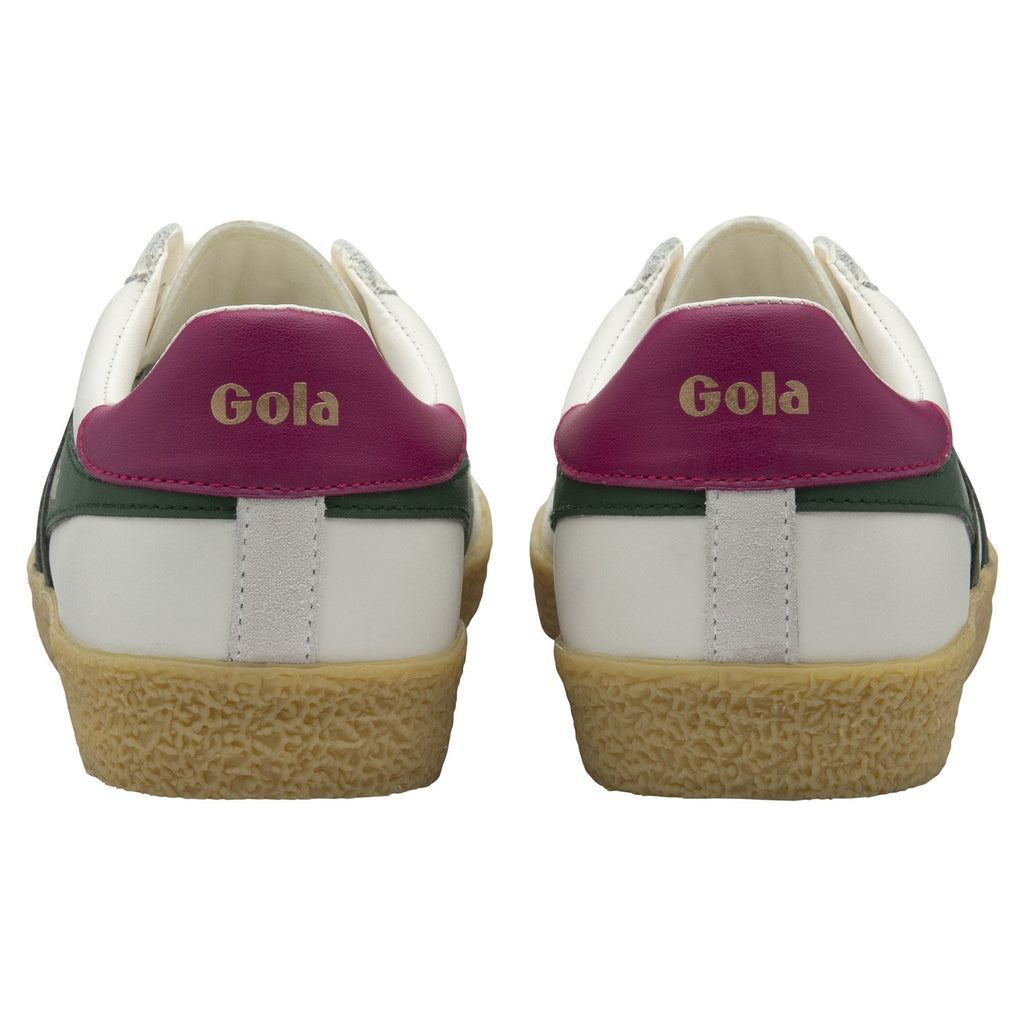 The rear view of a pair of white Gola sneakers with burgundy heel tabs and gum soles.