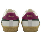 The rear view of a pair of white Gola sneakers with burgundy heel tabs and gum soles.