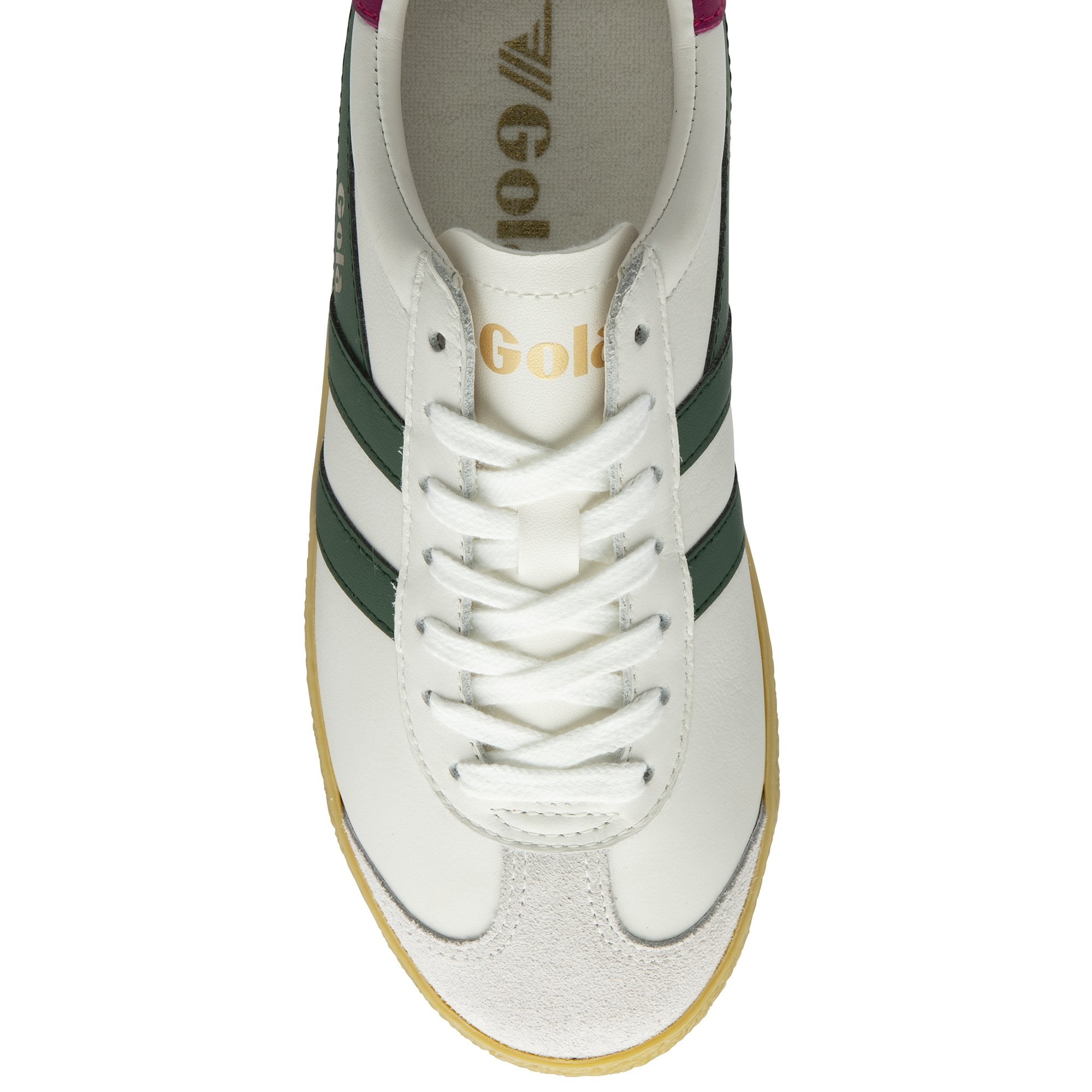 An overhead view of a white Gola sneaker with green stripes, white laces, and gum sole.