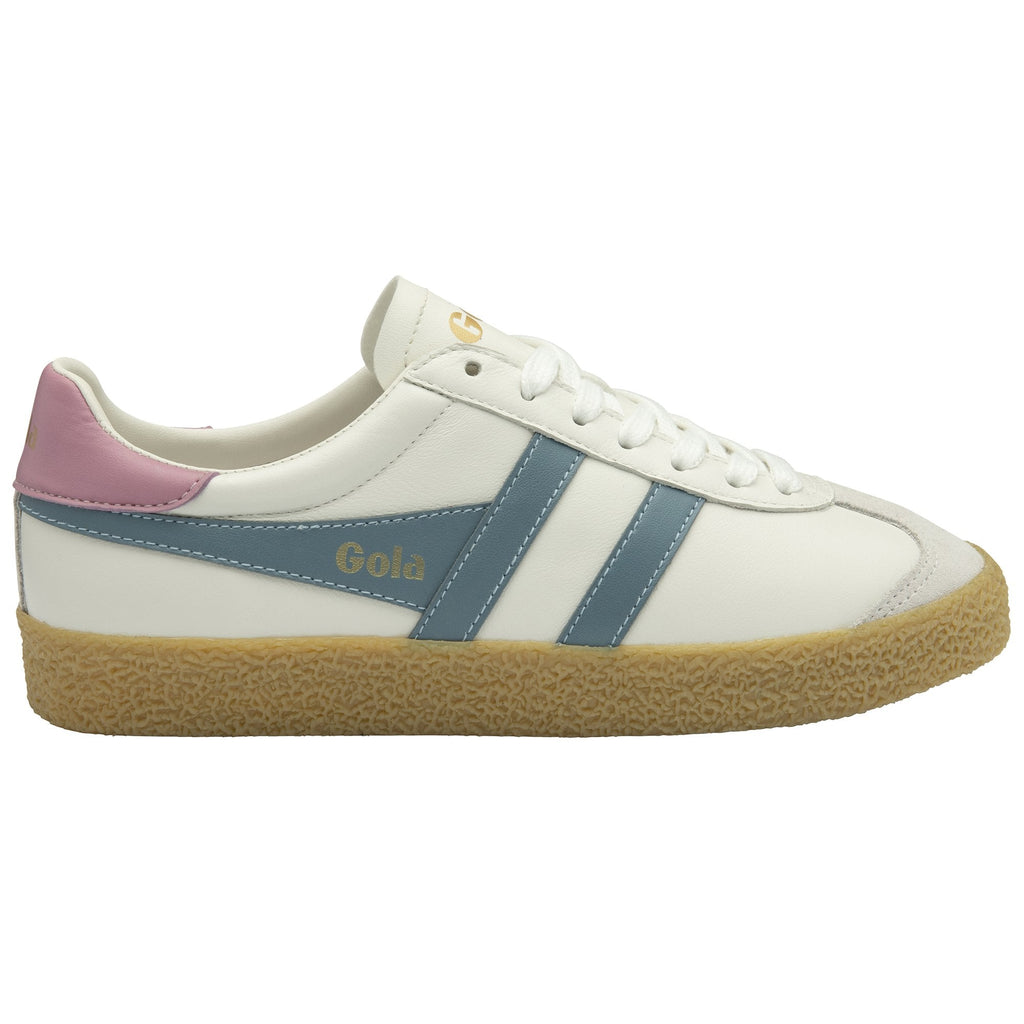 A white Gola Harrier Trainer with blue stripes, pink heel, and gum sole from the side.