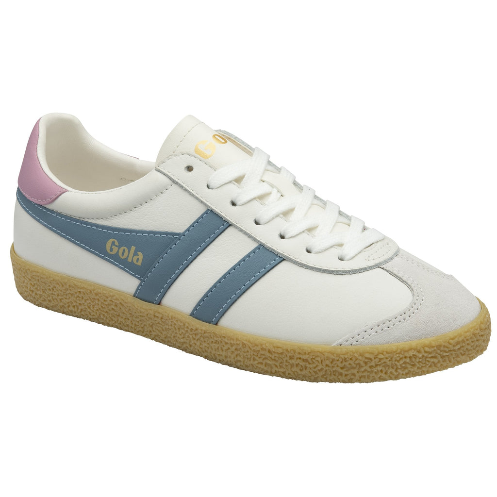 A white Gola Harrier Trainer with blue stripes, pink heel, and gum sole from a slight angle.