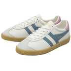 A pair of white Gola Harrier Trainers with blue stripes, pink heels, and gum soles.