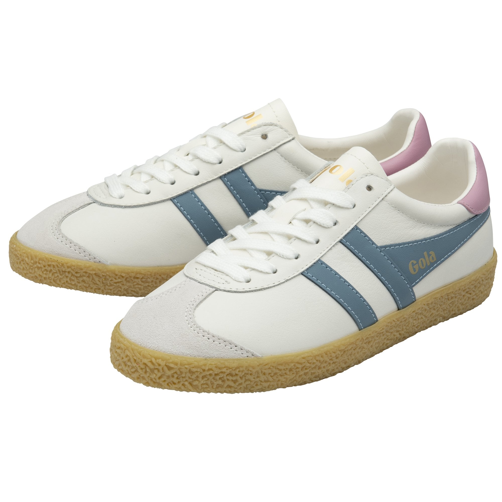A pair of white Gola Harrier Trainers with blue stripes, pink heels, and gum soles.