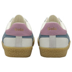 The back view of a pair of white Gola Harrier Trainers with pink heels and gum soles.