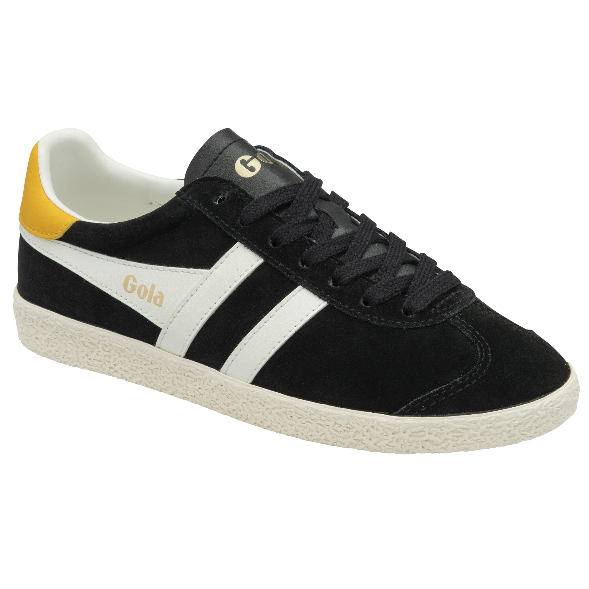 Angled view of a black Gola trainer with white stripes and a mustard yellow heel tab.