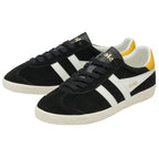 Pair of black Gola trainers with white stripes and mustard yellow heel tabs.