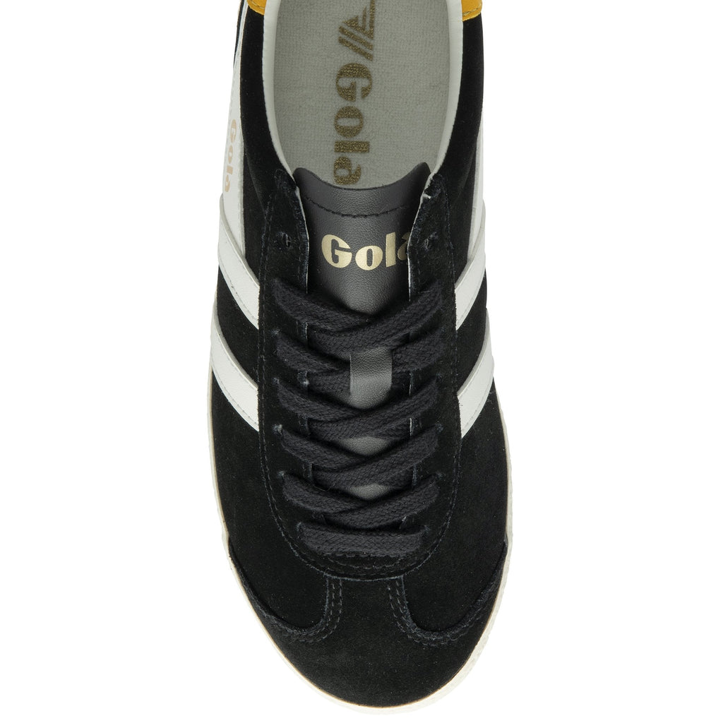 Top-down view of a black Gola trainer with white stripes and black laces.
