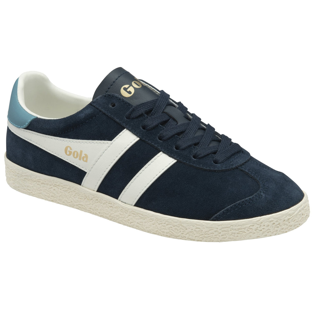 A navy blue Gola trainer with white stripes and light blue accent, positioned for side view.
