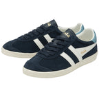 Pair of navy blue Gola trainers with white stripes and light blue heel tabs, angled view.
