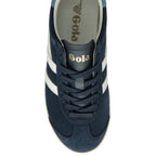 Top-down view of a single navy blue Gola trainer with white stripes and matching laces.