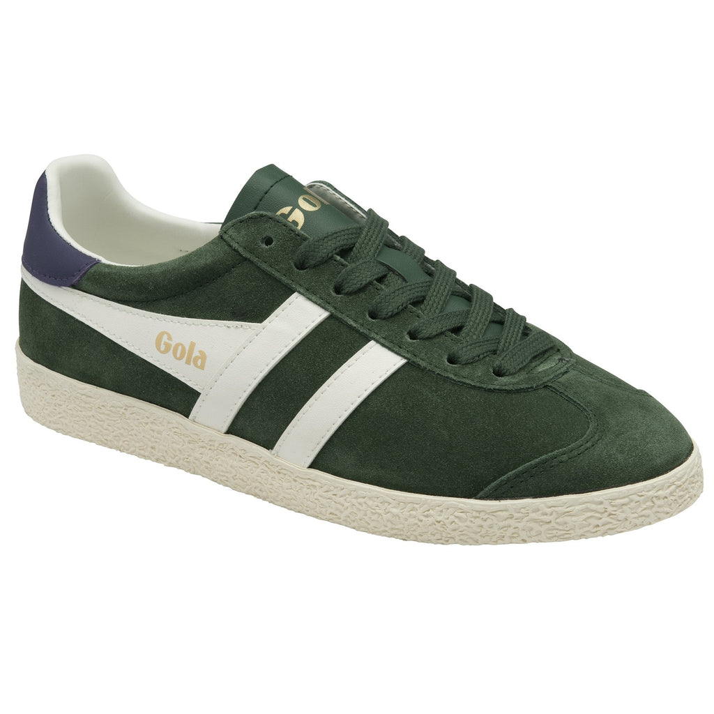A single dark green suede Gola sneaker with white stripes from a slightly different angle.