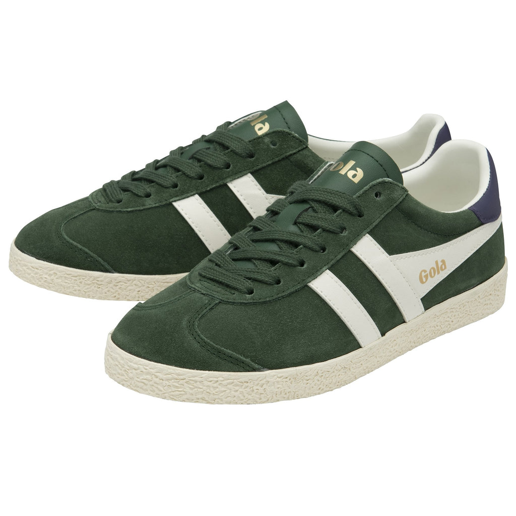 A pair of dark green suede Gola sneakers with white stripes and dark blue heel details.