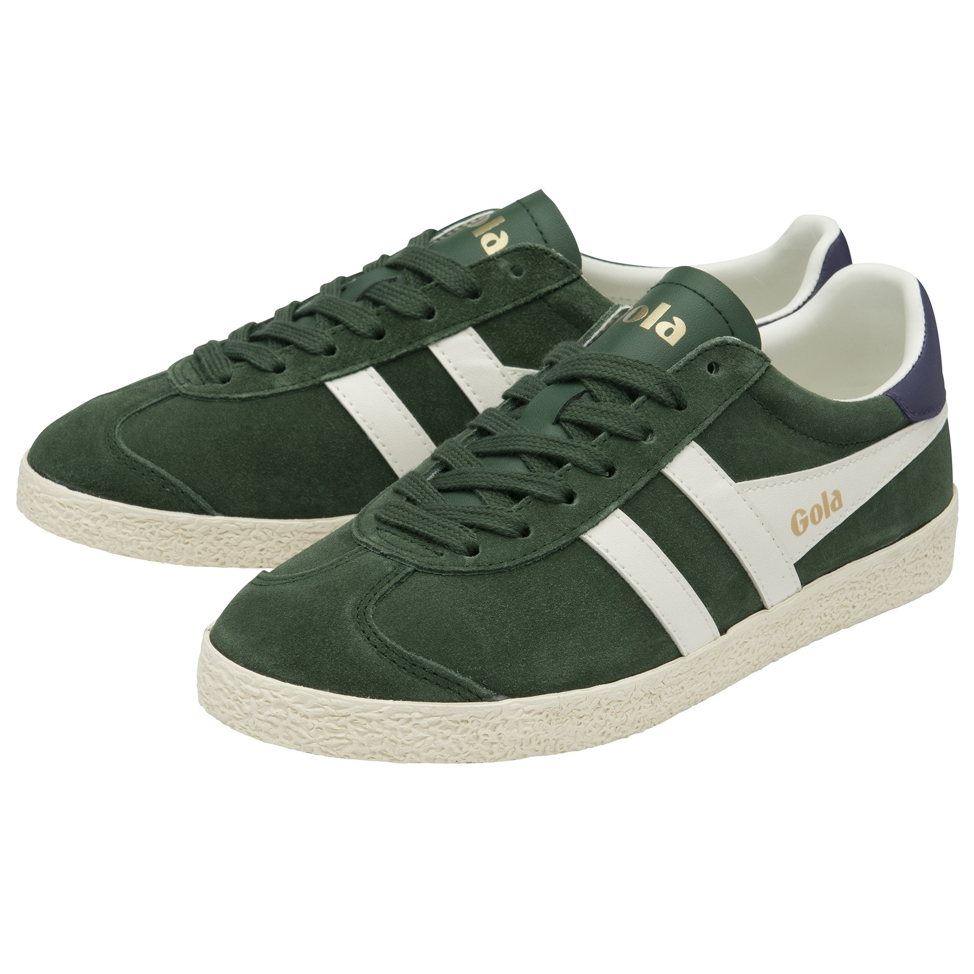 A pair of dark green suede Gola sneakers with white stripes and dark blue heel details.