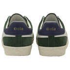 The rear view of a pair of dark green suede Gola sneakers with dark blue heels.