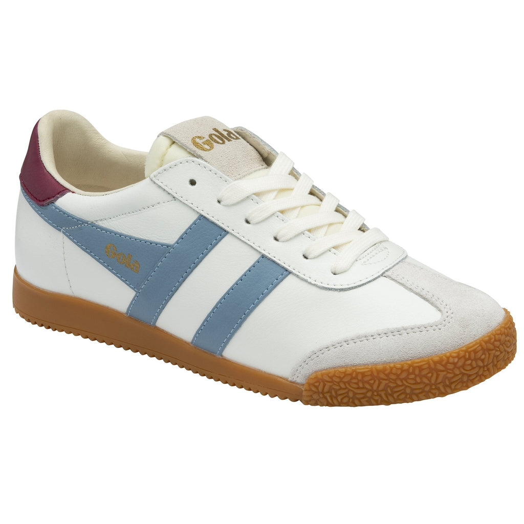 A single white and blue Gola trainer with a gum sole, viewed from an angle.