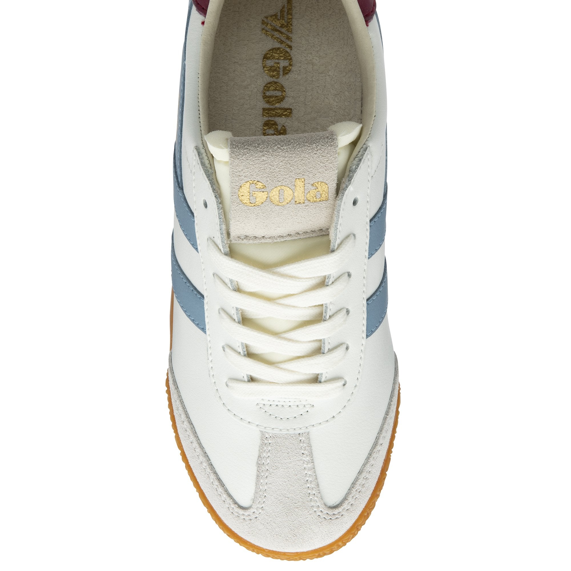 A single white and blue Gola trainer with a gum sole, viewed from above.